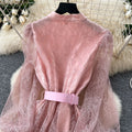 French chic luxury beaded floral tie-waist lantern sleeve single-breasted lace ruffle dress