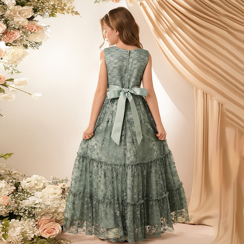 Custom girls' dresses - european & american style long gowns - lace elegant princess dresses - big & tall girls' round neck vest summer dresses - cross-border e-commerce