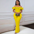 D523  european and american style sexy bodycon solid color off-the-shoulder ruffle trim short sleeve jumpsuit