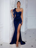 new cross-border  fashion off-the-shoulder slit maxi dress sexy evening gown solid color dress