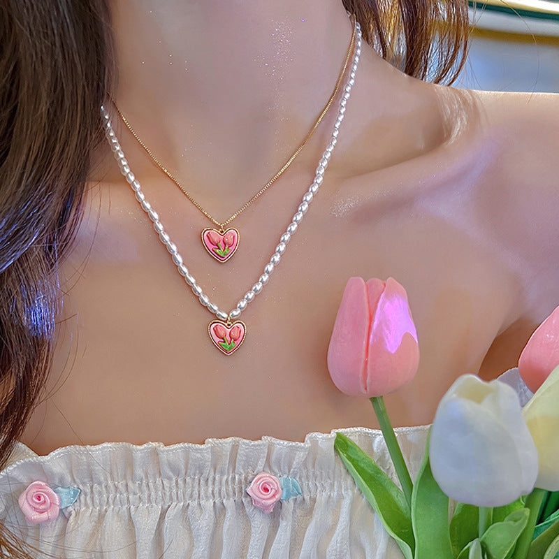 Flower love pendant pearl necklace for women easiest for matchniche style design popular necklace korean fashionsweet clavicle chain