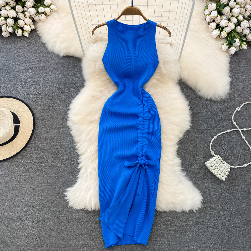 Retroelegant vest dress classy waist slimming look pleated drawstring long bottom hip-hugging knittingdress