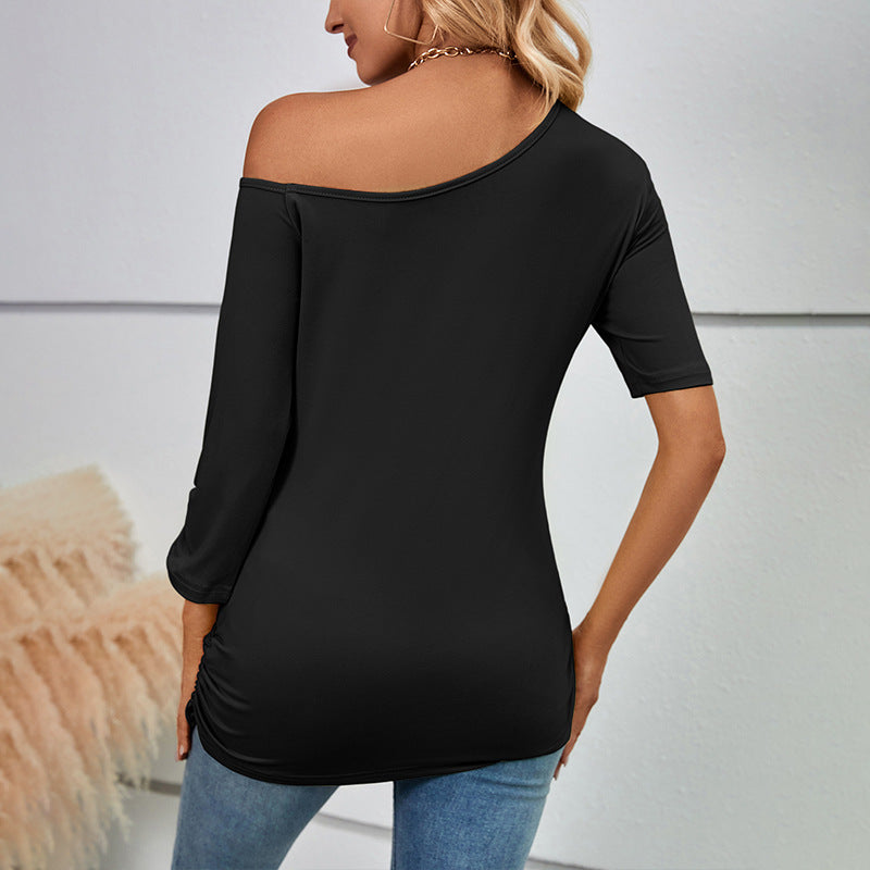 Autumn european and american lips 80s printing off shoulder asymmetrical sleeve length  fashion slim top t-shirt women