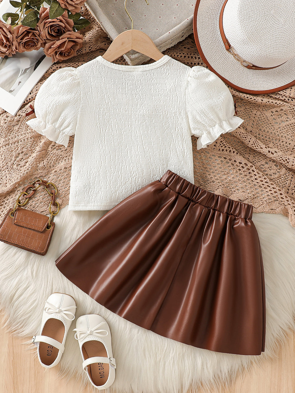 girls' autumn new arrival: bubble sleeve bow texture top + pu leather a-line skirt two-piece set