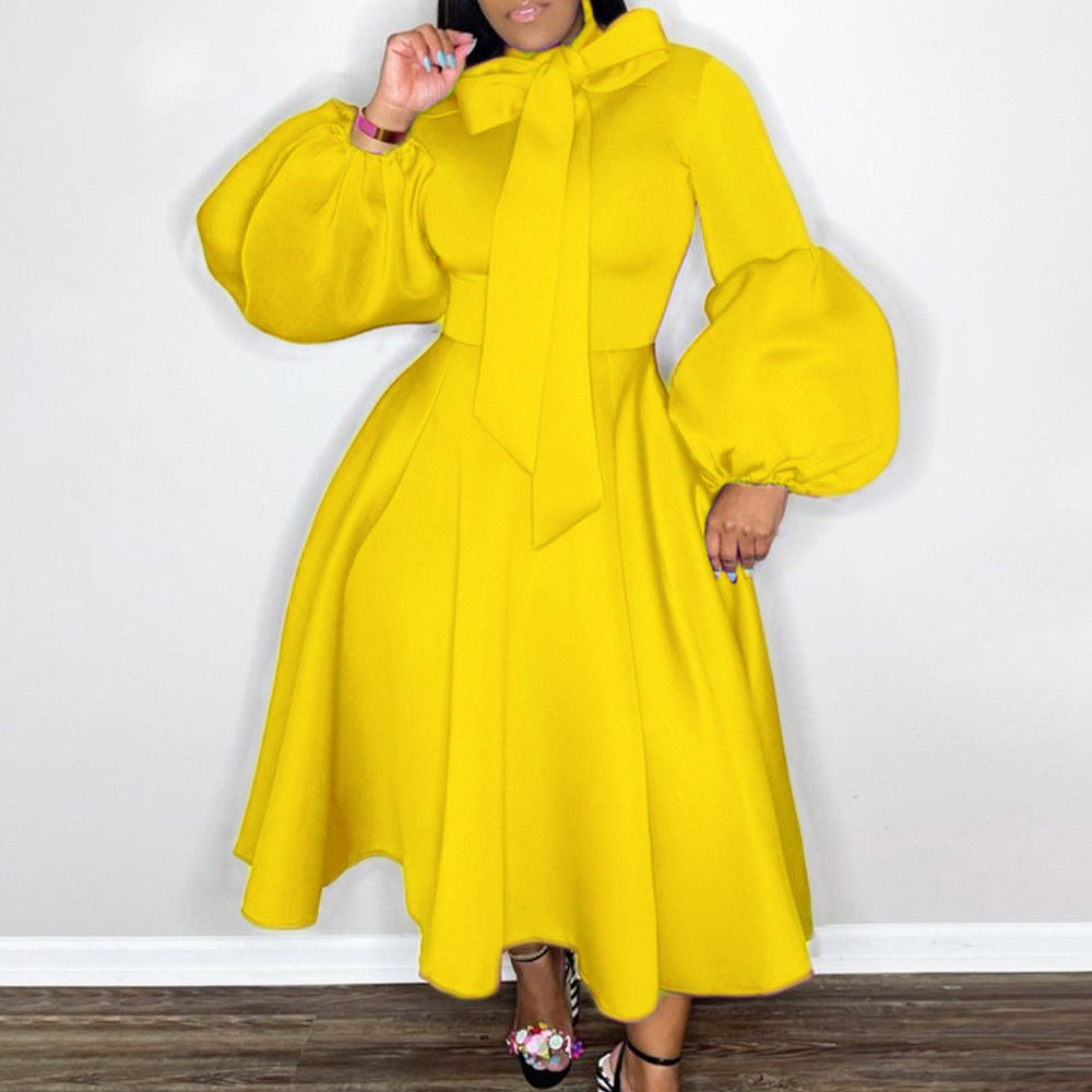 Plus size women's winter puff sleeve tie-waist bow detail maxi dress - european & american style evening gown for export independent stores