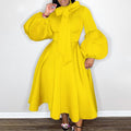 Plus size women's winter puff sleeve tie-waist bow detail maxi dress - european & american style evening gown for export independent stores