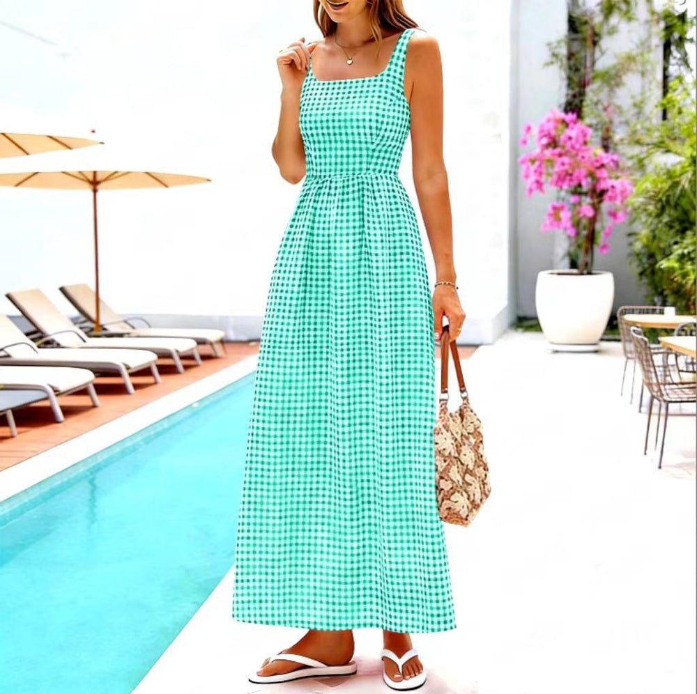 cross-border summer women's plaid square neck a-line casual beach vacation long sundress