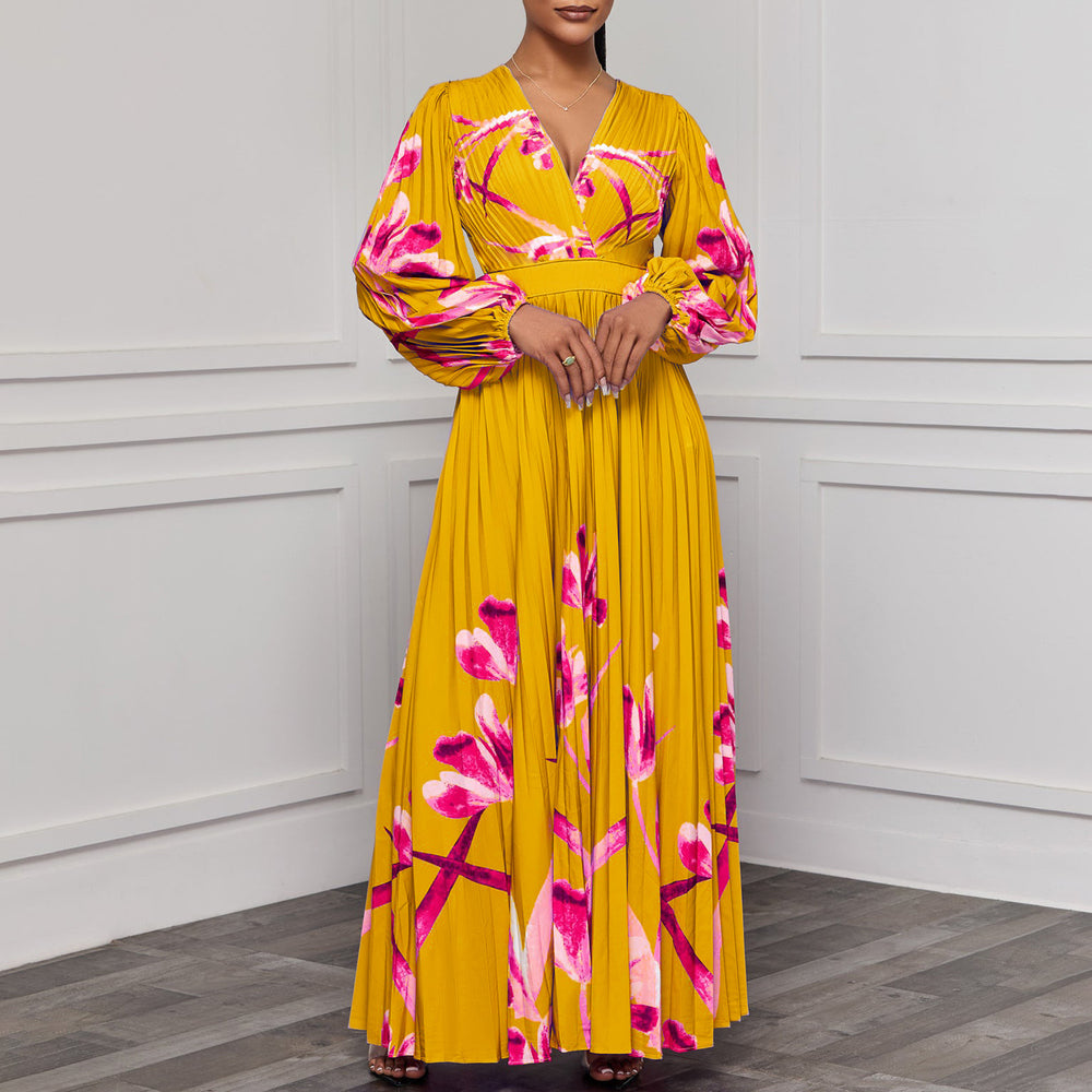 C8582 cross-border new arrival  women's v-neck long sleeve slim-fit printed pleated maxi dress - elegant export dress