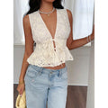 Women's 3d floral v-neck sleeveless ruched waist tie-up ruffle top, perfect for a gentle and chic work-to-weekend look