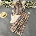 Casual fashion sporty age-defying knit two-piece set for women: premium printed hooded sweater and high-waisted wide-leg pants