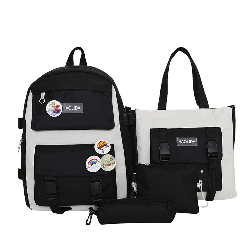 New fashionable contrasting color student schoolbag junior high school large-capacity four-piece backpack class travel backpack make-up bag