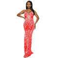 C6689 cross-border   fashion women's solid color mesh rhinestone camisole maxi dress