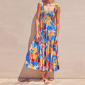european and american cross-border bohemian style vacation backless printed women's summer french ruched slimming dress