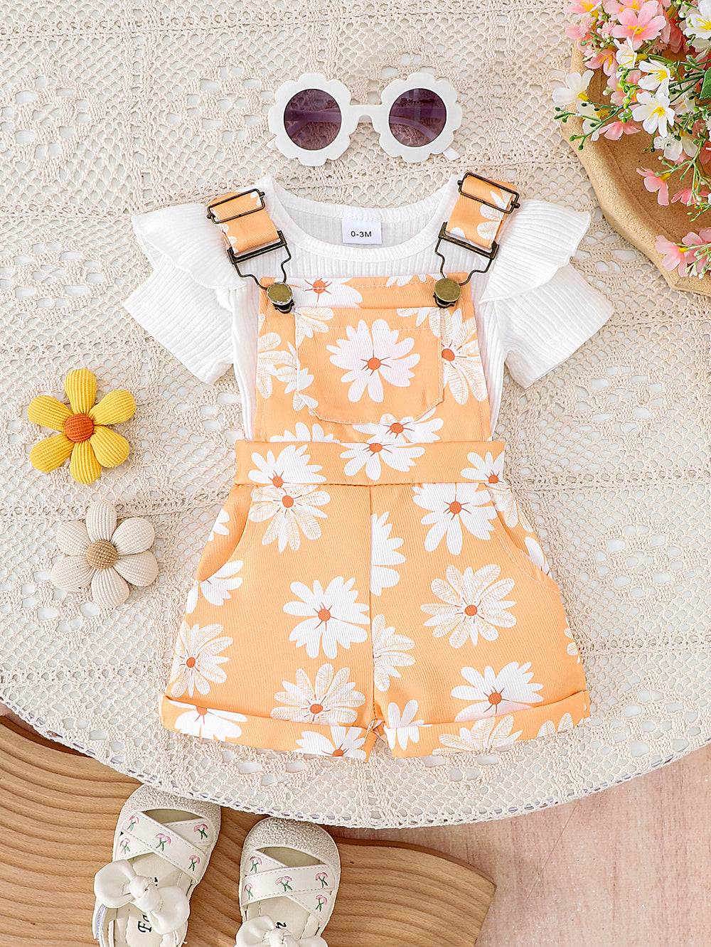 Amazon spring new girls' baby outfit set: solid color short-sleeve top with printed overalls two-piece set