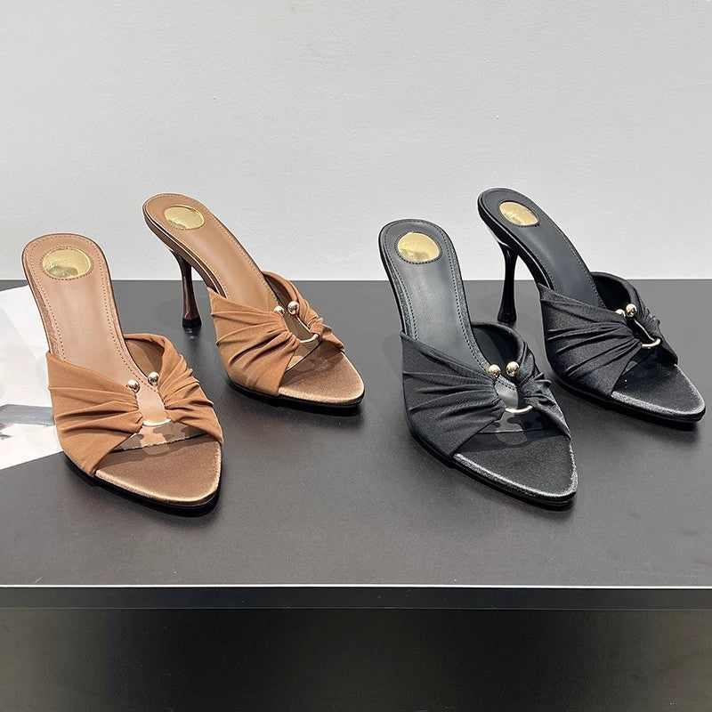2025 summer new pointed-toe high heel stiletto brown mules & slides - women's sexy, versatile open-toe sandals for outdoor wear