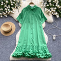 European and american style women's summer dress - unique design, loose fit, slimming, short sleeve, single-breasted, ruffle hem shirt dress