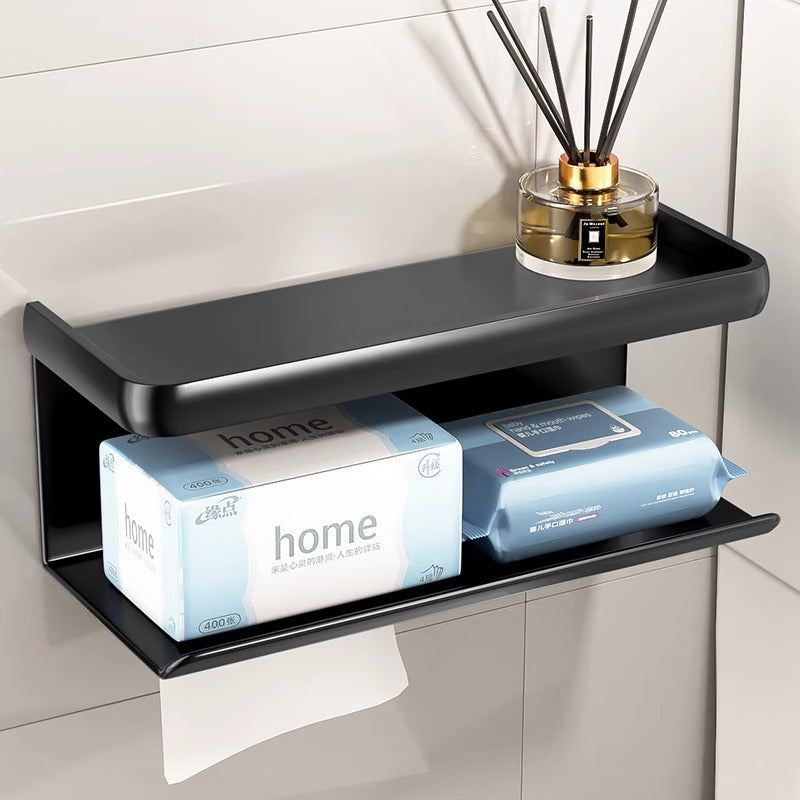 Bathroom tissue box wall-mounted organizer, toilet paper holder, punch-free installation, black