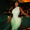 Fashion style women's clothing gradient color export slit elegant hip skirt street cut out slanted collar sleeveless long dress trendy