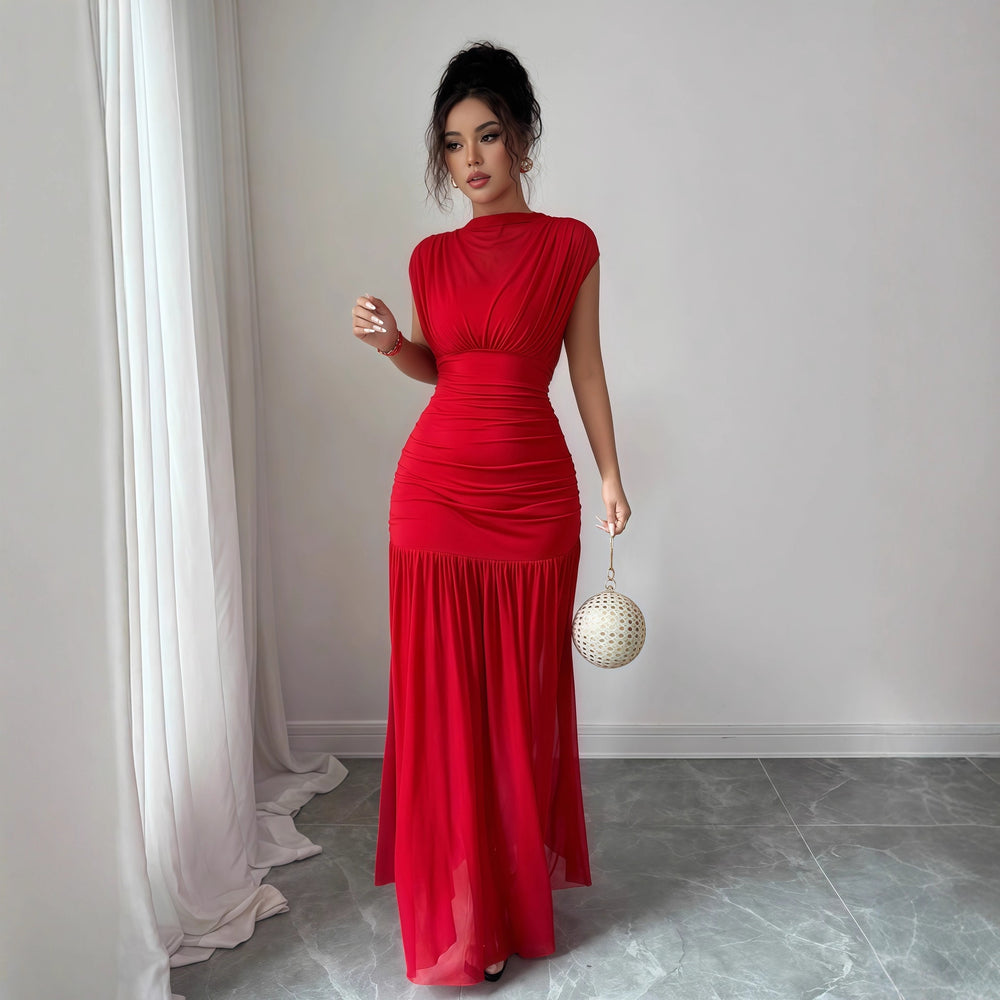 European and american cross-border women's fashion:  autumn new arrival - solid color round neck flutter sleeve cinched waist ruched elegant long dress
