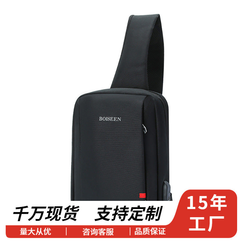 Boiseen  new large-capacity USB port reflective strip men's breast bag business zipper shoulder bag spot
