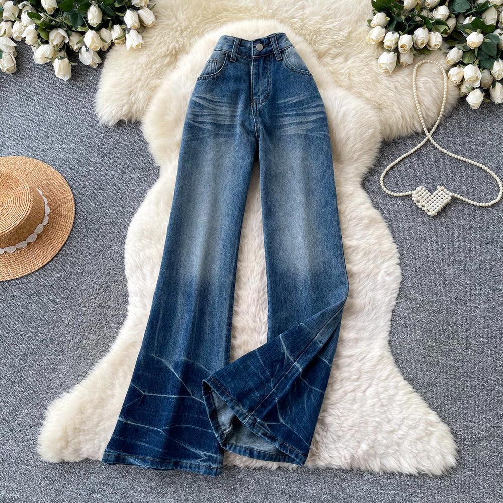 American retro high-waisted wide-leg jeans for women,  summer collection: loose fit, slimming, slightly flared, unique design