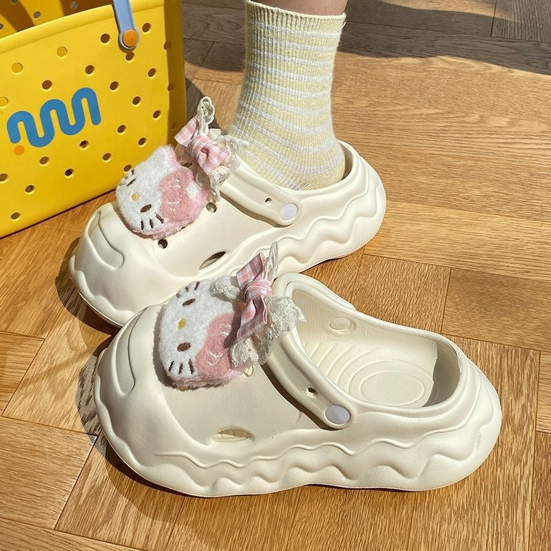 Cute cartoon hello kitty clogs - fairy style outdoor summer thick sole height increasing non-slip "stomping on clouds" beach closed-toe slippers