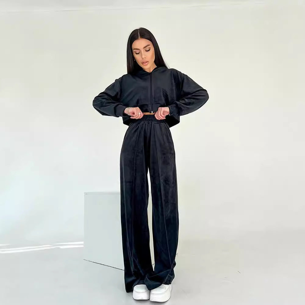 European and American new  suit fashion long-sleeved short hooded sweater cardigan trousers suit casual women's clothing
