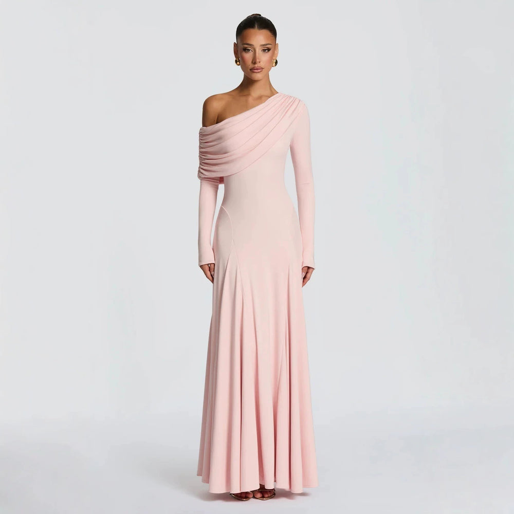 cross-border european and american style one-shoulder long sleeve ruffle neck pleated formal dress solid color slimming waist dress wholesale