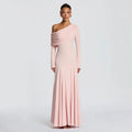 cross-border european and american style one-shoulder long sleeve ruffle neck pleated formal dress solid color slimming waist dress wholesale