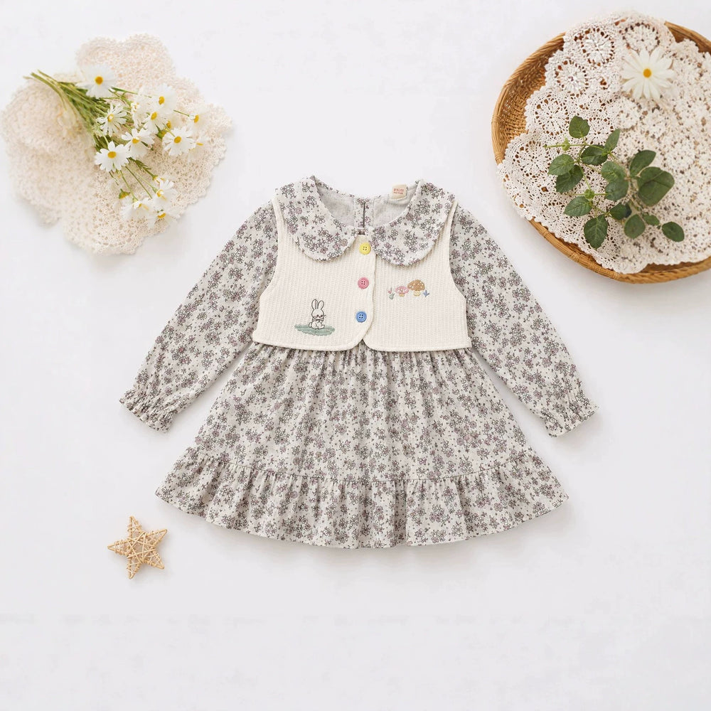 new girls' floral sundress with cute bunny and mushroom embroidery, vest, and peter pan collar