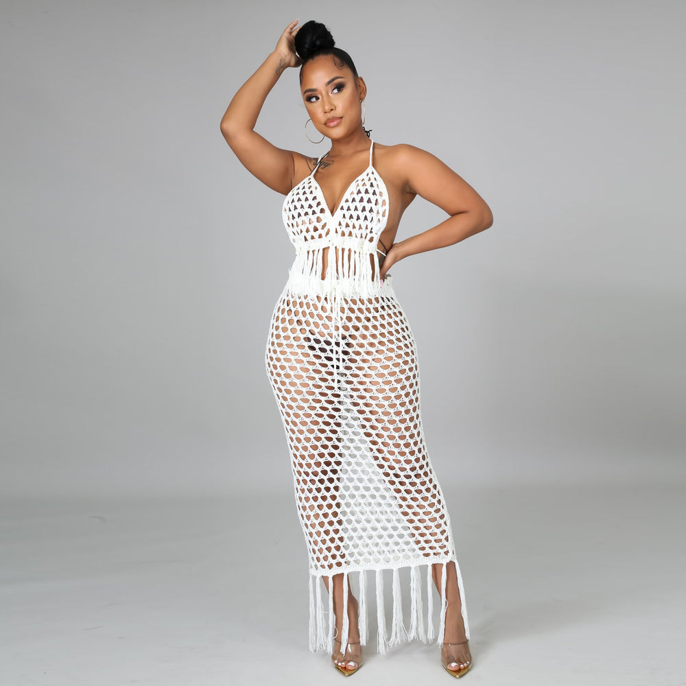 e-commerce source factory: european and american sexy women's knitted set, cutout swimsuit beach cover-up two-piece set