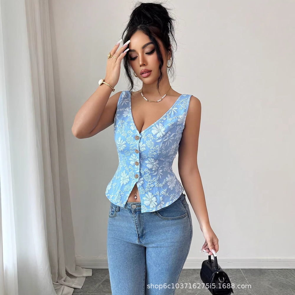 european and american women's clothing  summer new arrivals: v-neck sleeveless floral print bodycon dress - slim fit, figure-flattering, hot girl style, jacquard floral design