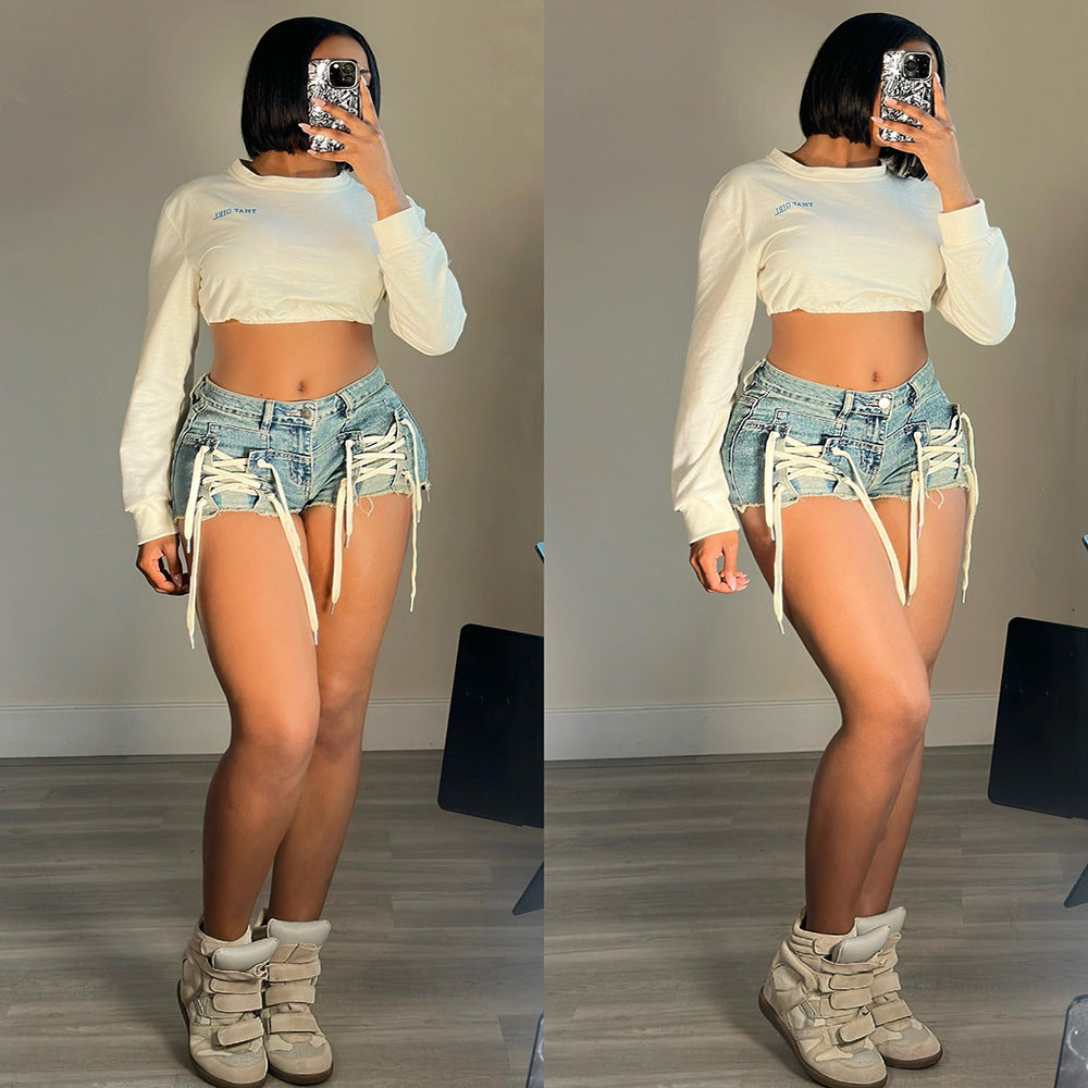 European and american style high-waisted jeans,  cross-border women's fashion,  summer streetwear hot girl drawstring shorts