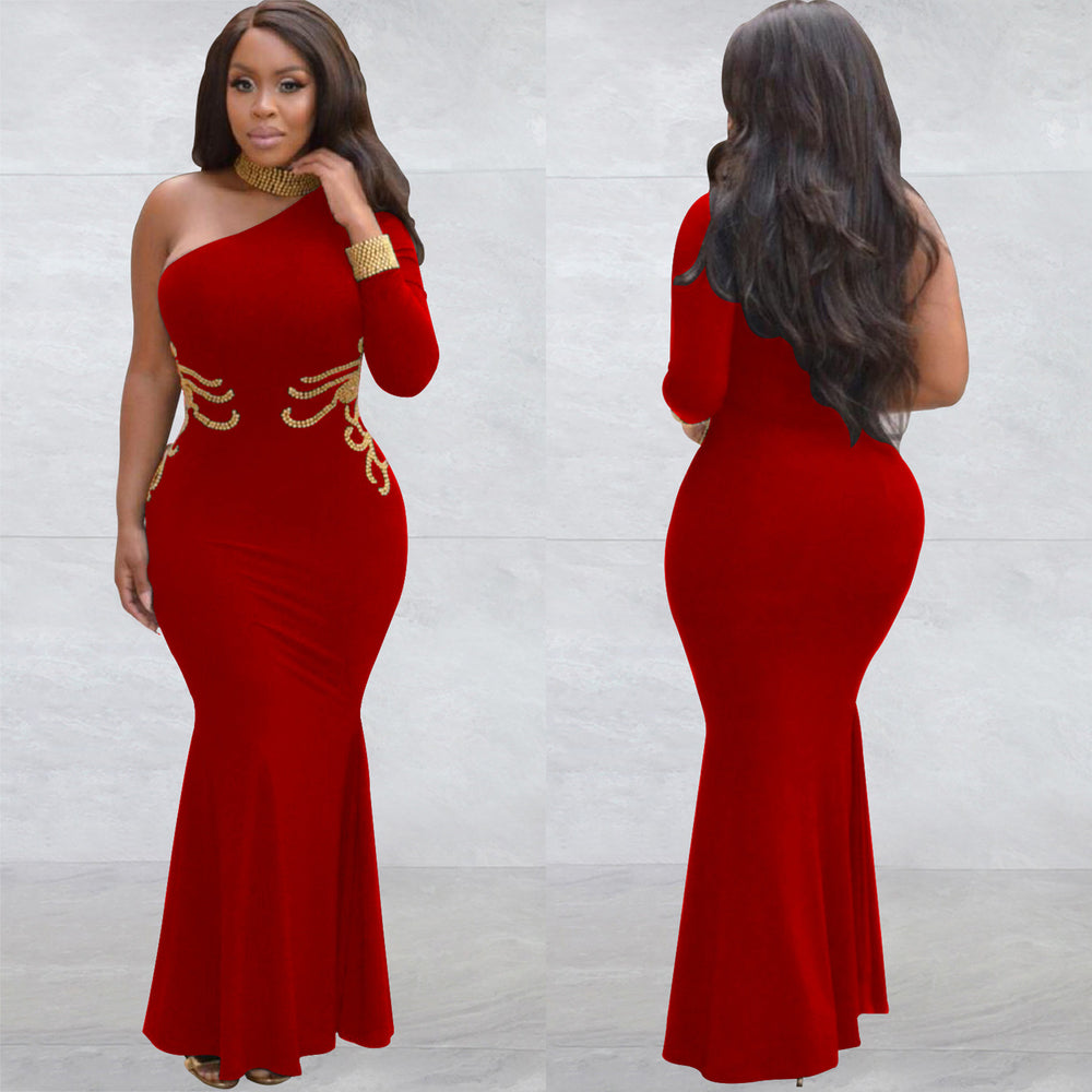 C6101 cross-border   fashion women's solid color rhinestone one-shoulder long sleeve maxi dress