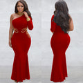 C6101 cross-border   fashion women's solid color rhinestone one-shoulder long sleeve maxi dress