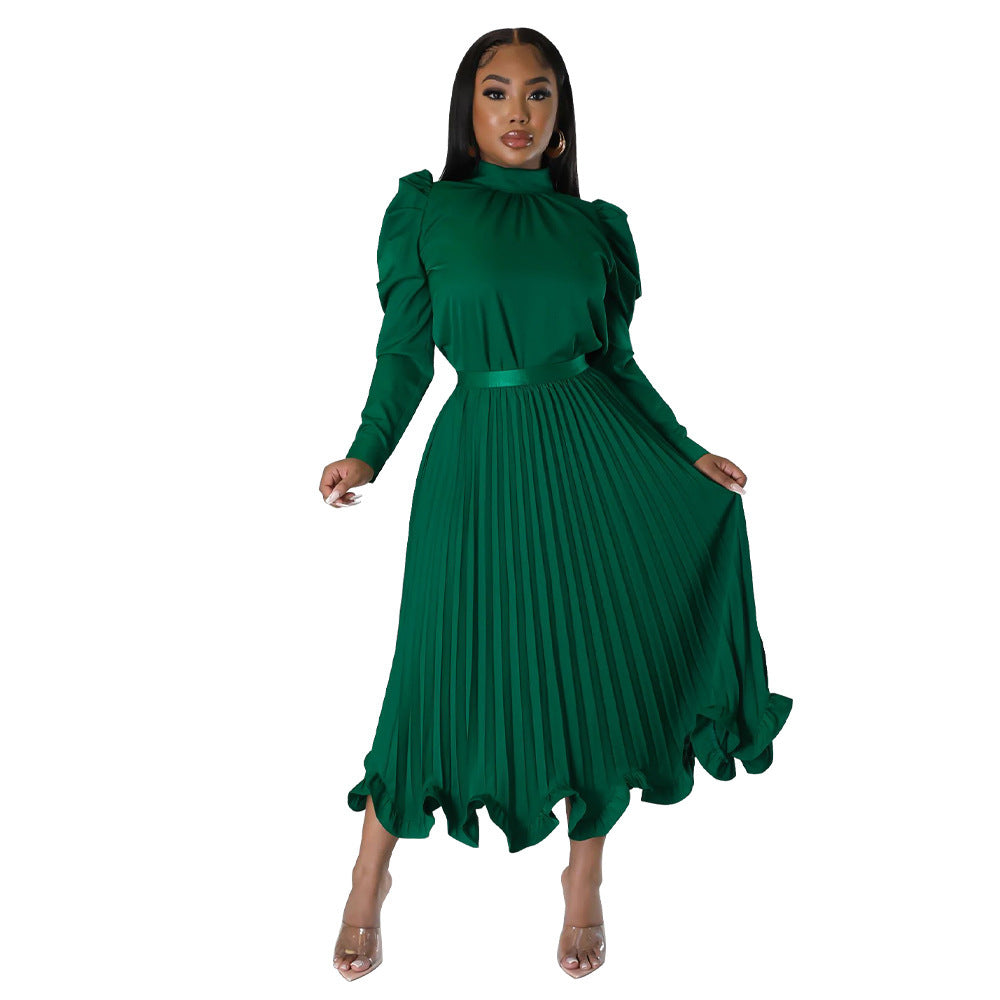 Q102 independent station cross-border women's winter puff sleeve topsruffles pleated skirt two-piece setfashionsuit