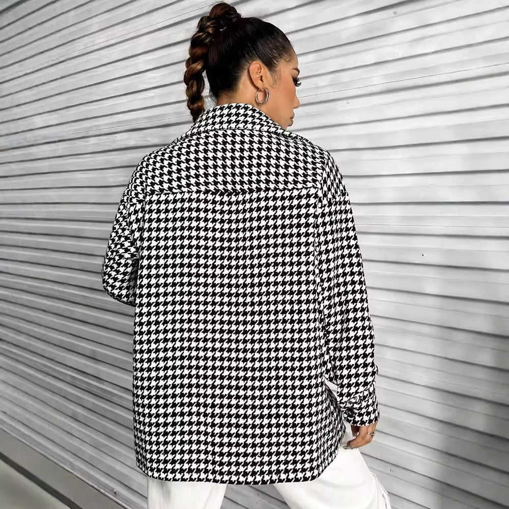 Ready-to-ship 53250# cross-border fashion women's new autumn/winter retro color block houndstooth turn-down collar jacket