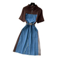 Korean style faux two-piece denim patchwork slit dress - women's summer short sleeve v-neck slimming a-line dress