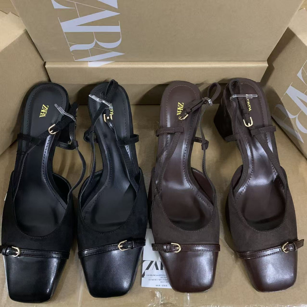 Za2025 spring/summer new women's shoes - black square toe open heel chunky heel high heel sandals with side cutout and single strap buckle