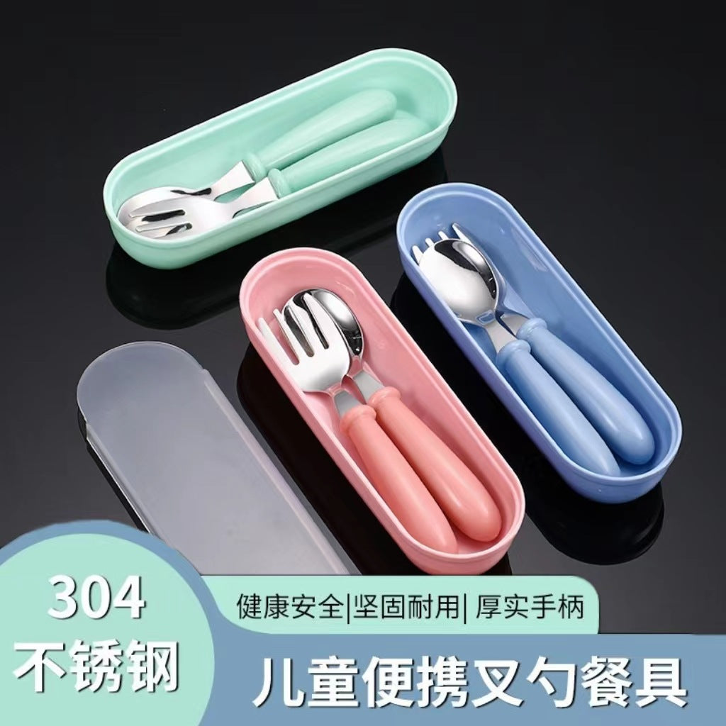 Cross-border 304 stainless steel children's tableware spoon fork box three-piece set baby feeding tableware mother and baby gifts