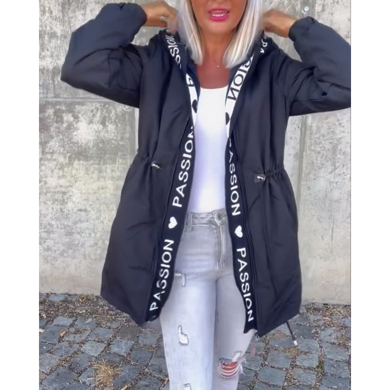 fashionwinternew arrivalcasual hooded drawstring zipper flap pocket pantsletter cotton jacketoutwear women's clothing