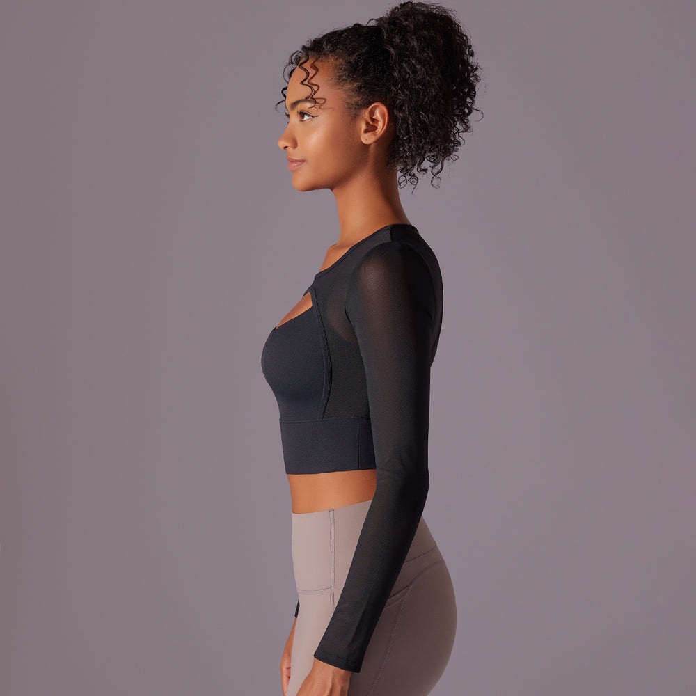 mesh translucent sexy double patchwork tight long sleeves tight elastic yoga wear sports fitness tops for women