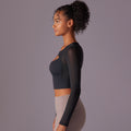 mesh translucent sexy double patchwork tight long sleeves tight elastic yoga wear sports fitness tops for women