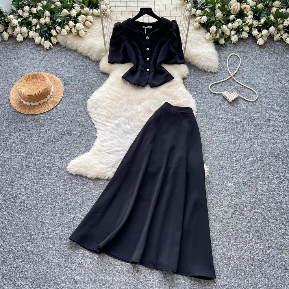 Luxury chic wine red puff sleeve top and high-waisted maxi skirt two-piece set - women's summer commute outfit, slim fit and figure-flattering