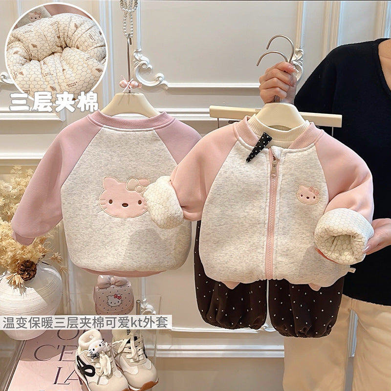 Autumn/winter girls' trendy three-layer quilted padded jacket, thickened baby girl outerwear, kids' warm clothing, casual fashion children's wear