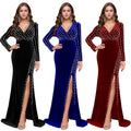 C7269 cross-border   european and american women's clothing sexy deep v beaded hot diamond slit long skirt dress women