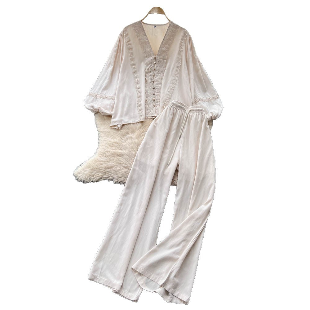 Classy sense of dressing for women autumloosecasuallacepatchwork lantern sleeve v neck shirt high waist wide leg straight-leg pants