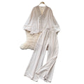 Classy sense of dressing for women autumloosecasuallacepatchwork lantern sleeve v neck shirt high waist wide leg straight-leg pants