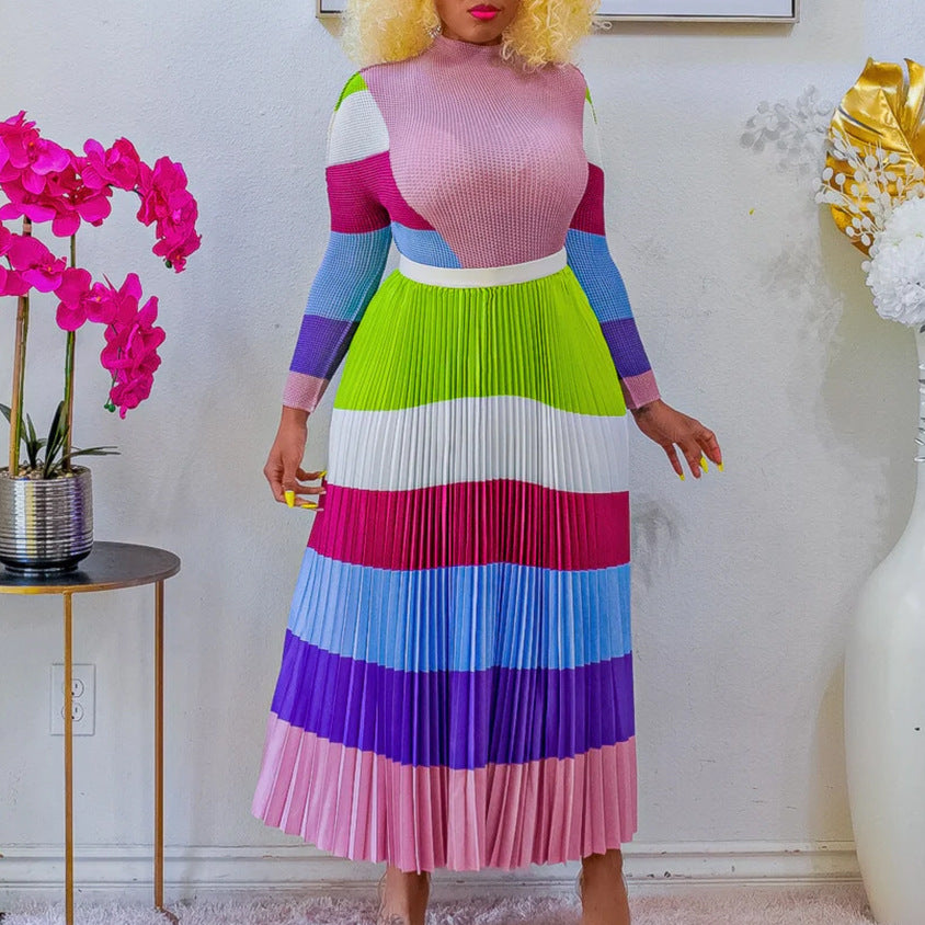 D420   autumn pleated print color block set - long sleeve top & fashionable midi skirt - european & american style two-piece outfit