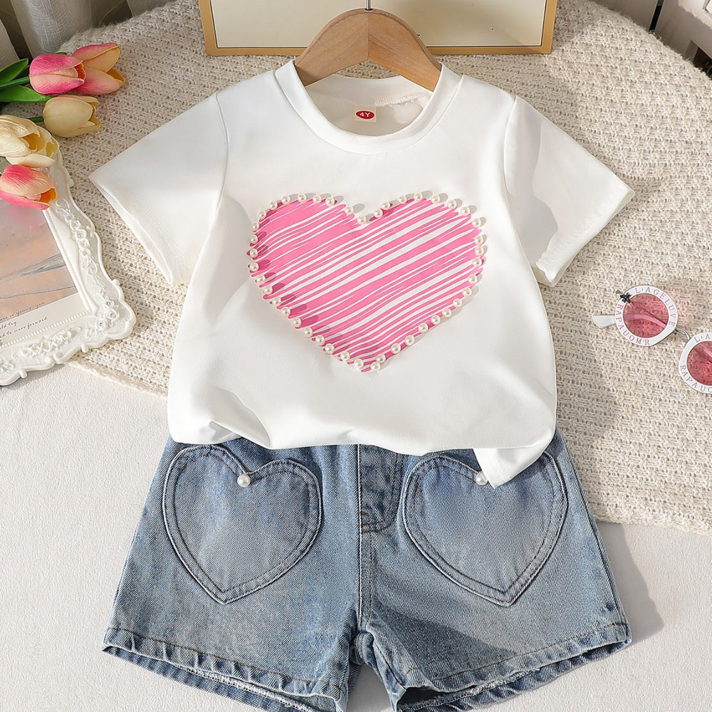 new product girl european and american style heart t-shirt + washed jeans suit